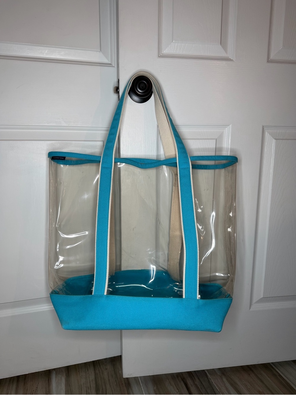 Lands End Extra Large Clear Bag Teal Canvas Trim Handles Beach Bag 18"x16"x10"